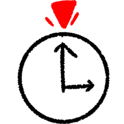  a clock, with the minute hand pointing towards a red triangle facing downwards surrounded by lines.